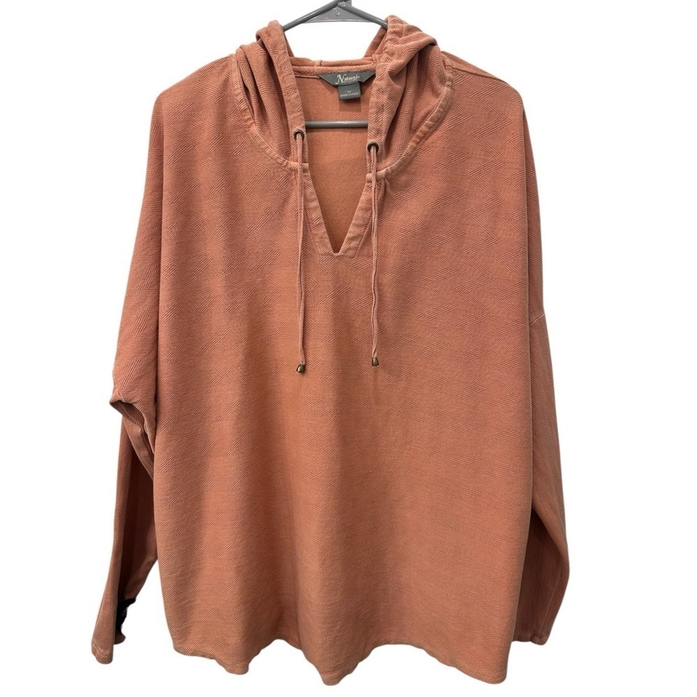 Natural Reflections 100% Cotton V-Neck Hoodie Top 2X Coral Peach